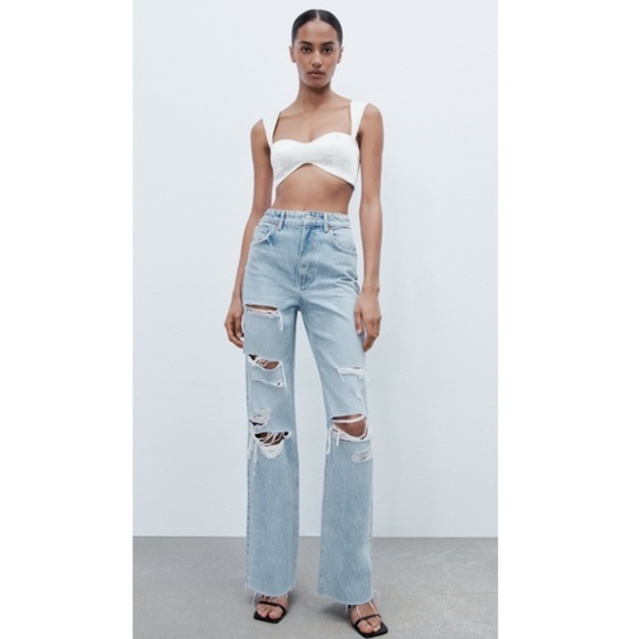 BRAND NEW! INFLUENCER ZARA High Rise Ripped Wide Leg Light Blue Jeans Size 2 - Picture 7 of 15